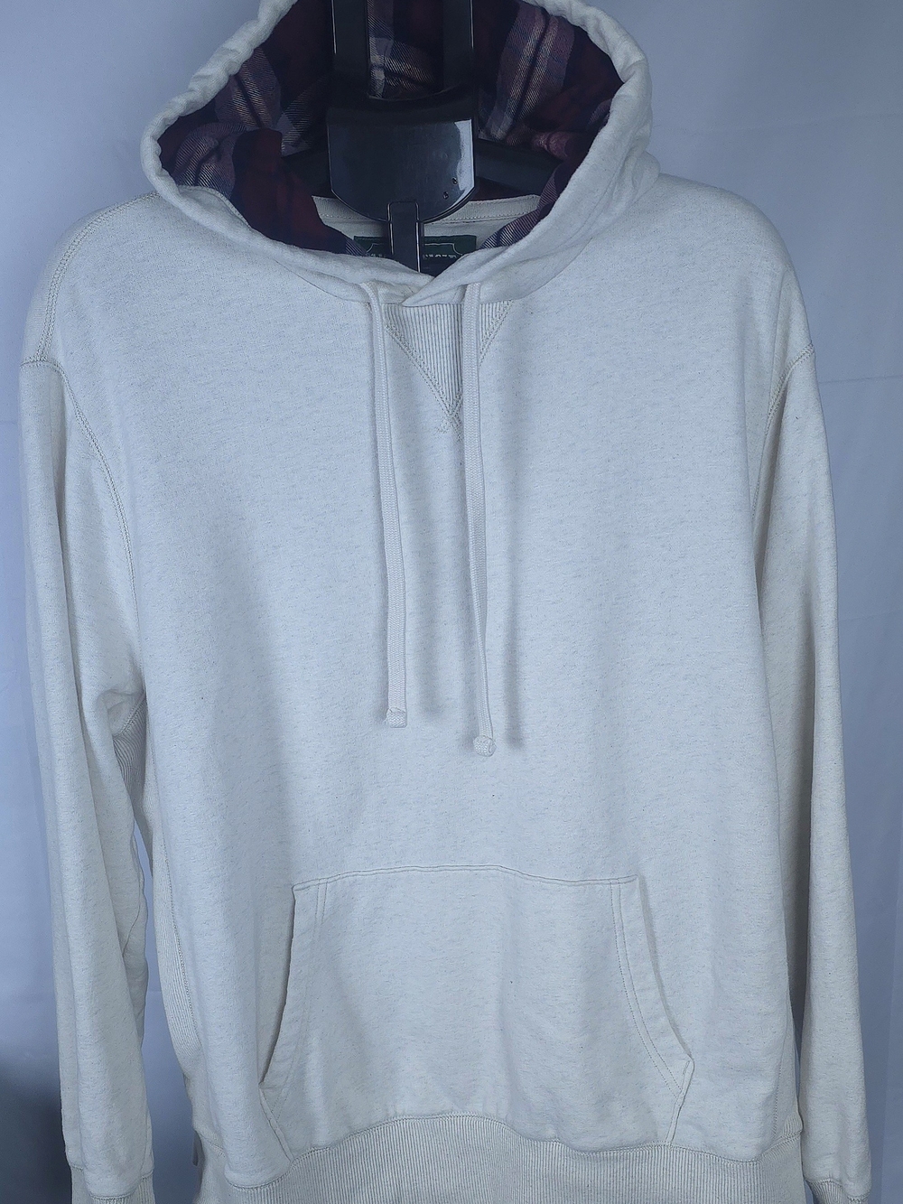 American Eagle Fleece Pullover Hoodie Mens L Cream Plaid Flannel Hood 26" P2P